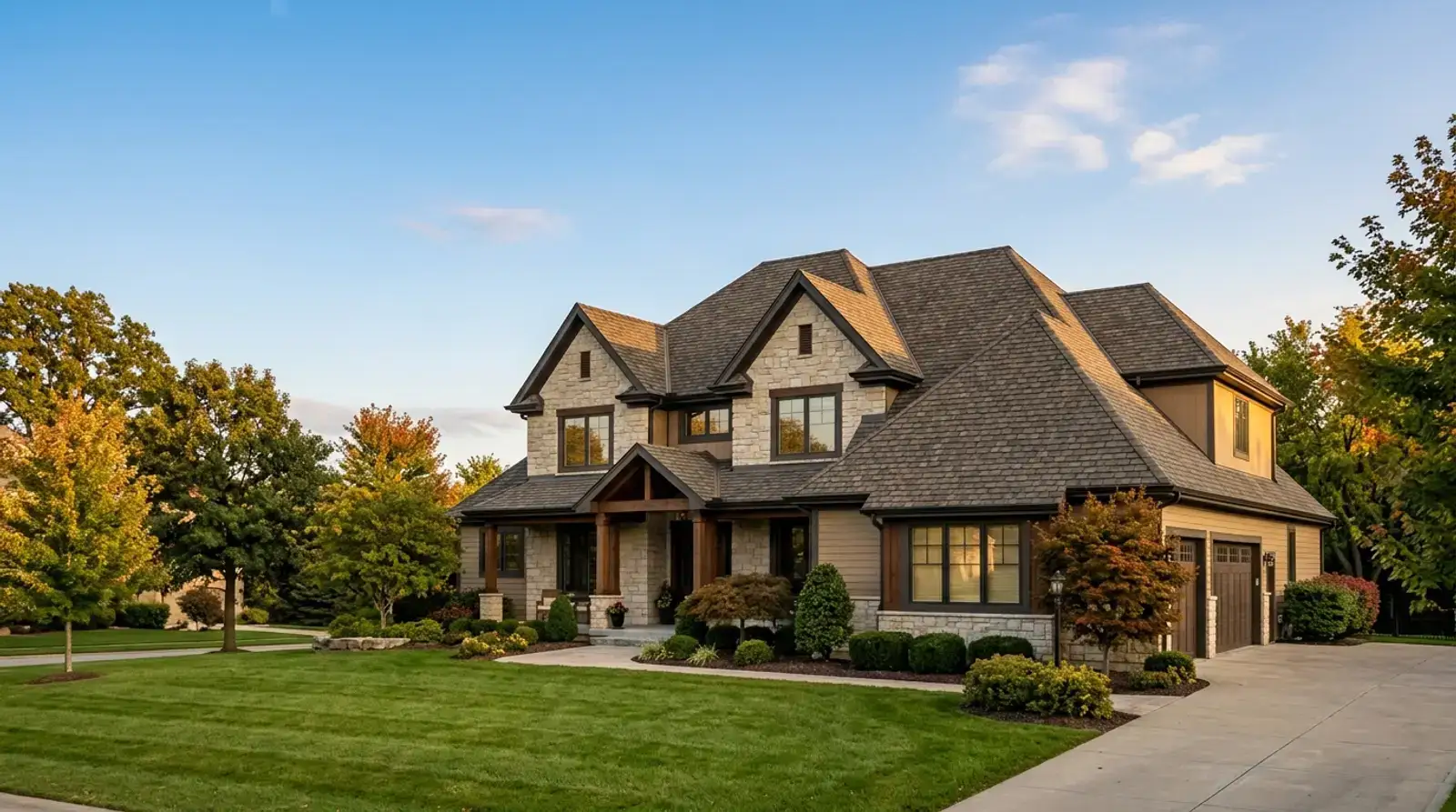 A Kansas City home with a freshly installed architectural shingle roof at golden hour