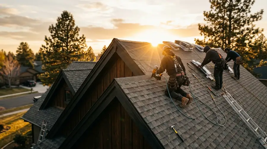 A roofing crew installing shingles on a pitched roof