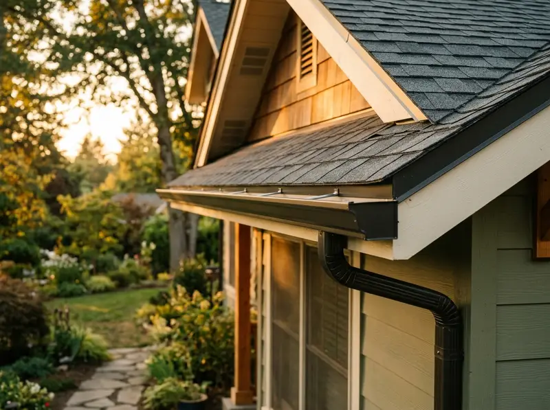 A seamless gutter run on a home at golden hour