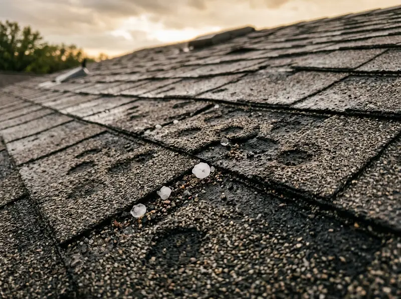 Hail-bruised shingles on a Kansas City roof after a storm