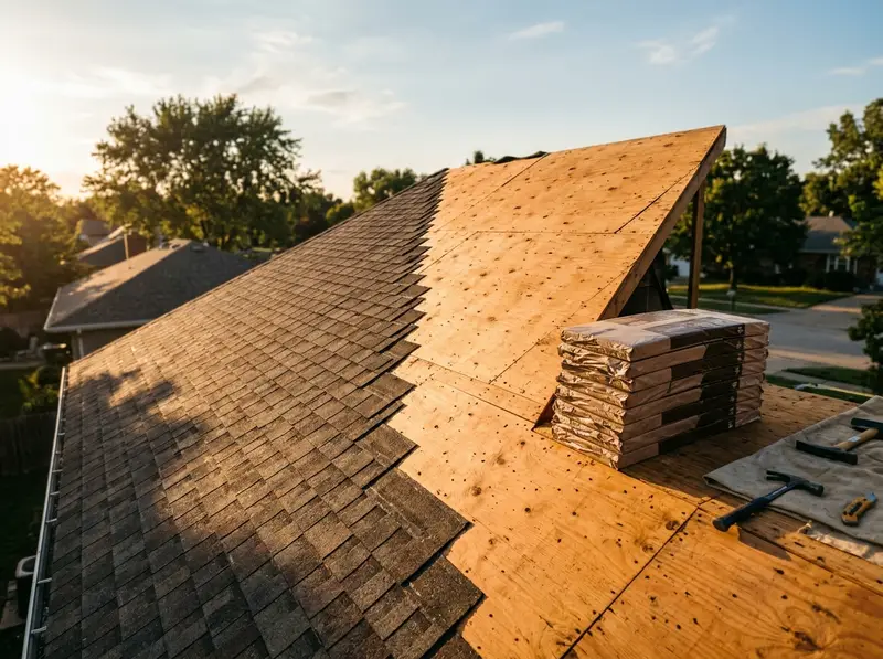 A roof half stripped to bare plywood with shingle bundles stacked beside it